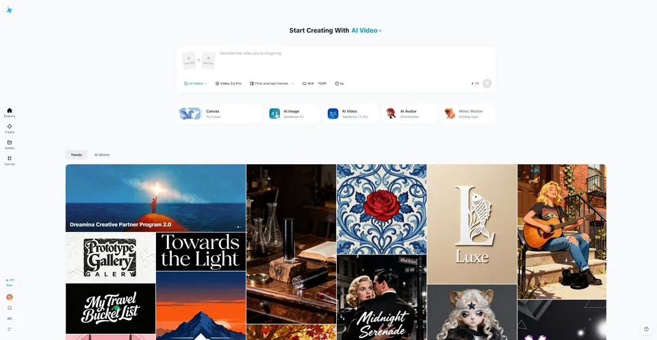 Dreamina AI creative platform dashboard showing video generation, image tools, and AI editing features